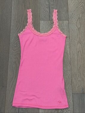Abercrombie & Fitch Pink Lace-Trim Ribbed Cami Ribbed Scoop Neck Tank Top-Med